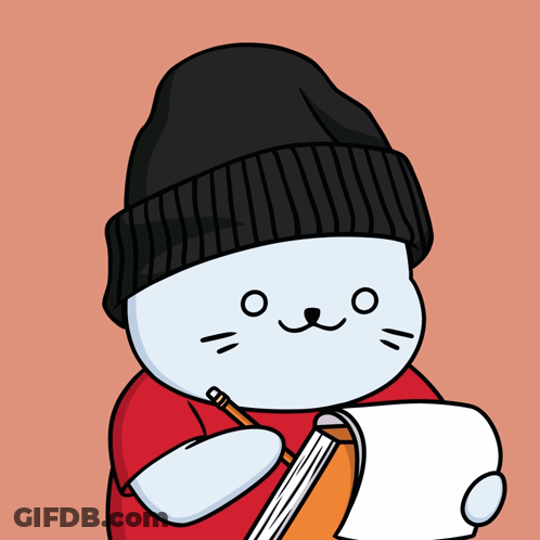A Cartoon Drawing Of A Cat Wearing A Beanie Holding A Notebook And A Pencil GIF
