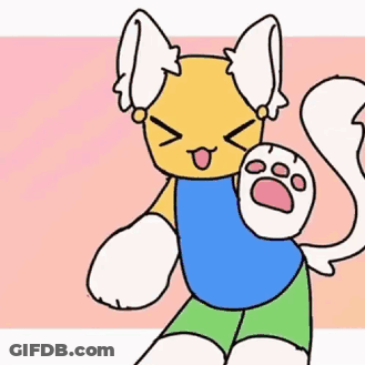 A Cartoon Drawing Of A Cat Wearing A Blue Shirt And Green Shorts Holding A Paw . GIF