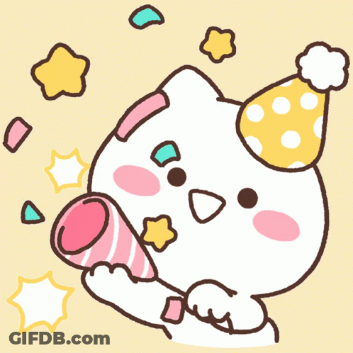 A Cartoon Drawing Of A Cat Wearing A Party Hat Holding A Confetti Cannon GIF