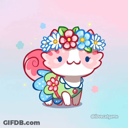 A Cartoon Drawing Of A Cat With A Flower Crown On Her Head GIF