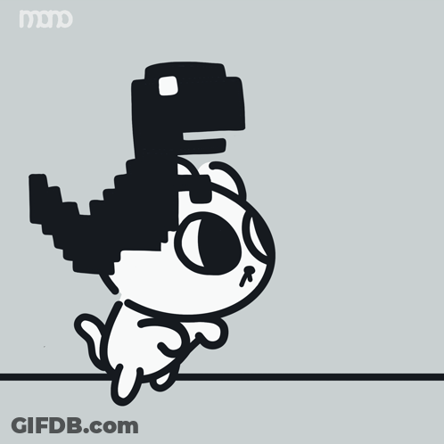 A Cartoon Drawing Of A Cat With A T-Rex Head And A Strawberry In The Background GIF