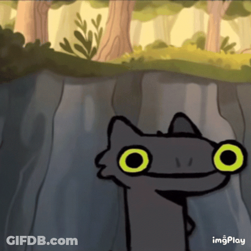 A Cartoon Drawing Of A Cat With Big Green Eyes And The Words Imgplay Below It GIF