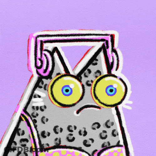 A Cartoon Drawing Of A Cat With Big Yellow Eyes And A Triangle On Its Head GIF