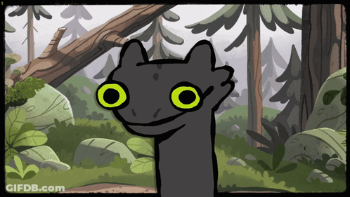 A Cartoon Drawing Of A Cat With Big Yellow Eyes In A Forest GIF