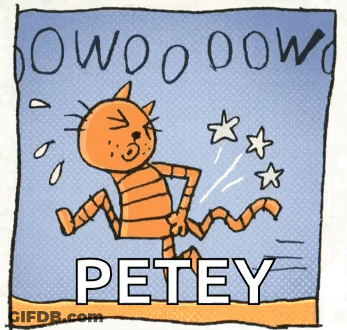 A Cartoon Drawing Of A Cat With The Name Petey Below It GIF