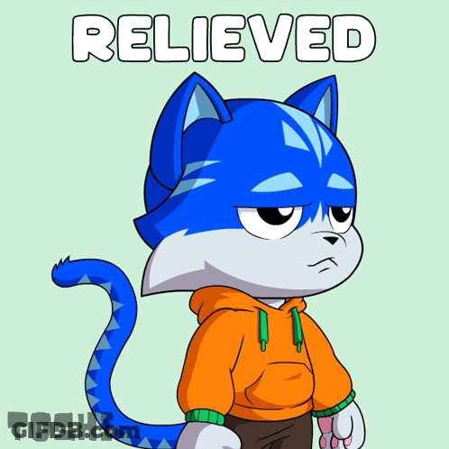 A Cartoon Drawing Of A Cat With The Word Relieved Written Above It GIF