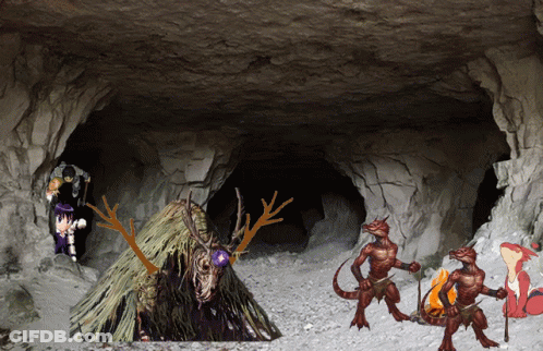 A Cartoon Drawing Of A Cave With A Deer With Antlers And Purple Eyes GIF