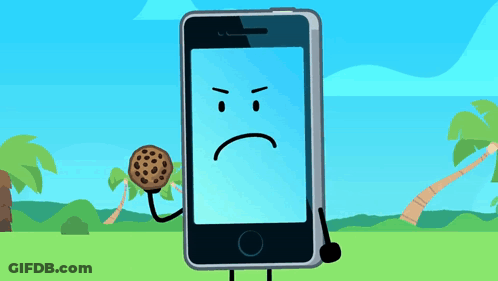 A Cartoon Drawing Of A Cell Phone Holding A Cookie With A Face Drawn On It GIF