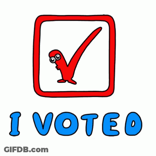 A Cartoon Drawing Of A Check Mark With The Words `` I Voted '' Under It . GIF