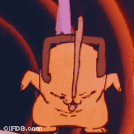 A Cartoon Drawing Of A Chicken With A Clamp On Its Head GIF