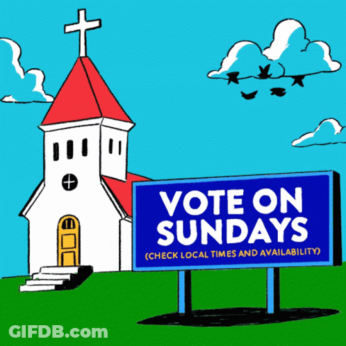 A Cartoon Drawing Of A Church With A Billboard That Says Vote On Sundays GIF