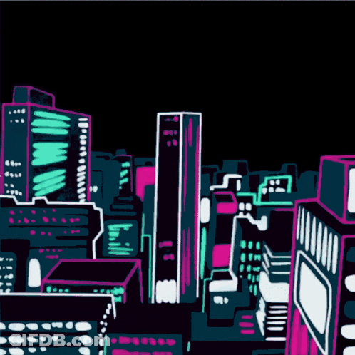 A Cartoon Drawing Of A City At Night With Neon Lights GIF