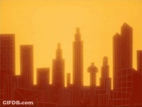 A Cartoon Drawing Of A City Skyline With A Sunset In The Background GIF