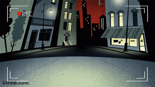 A Cartoon Drawing Of A City Street With A Red Rec Button In The Corner GIF