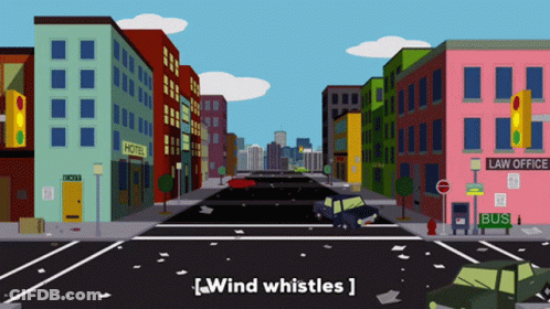 A Cartoon Drawing Of A City Street With The Words [ Wind Whistles ] On The Bottom GIF