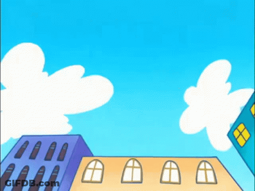 A Cartoon Drawing Of A City With A Blue Sky And Clouds GIF