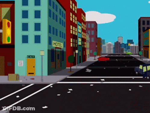 A Cartoon Drawing Of A City With A Hotel In The Background GIF