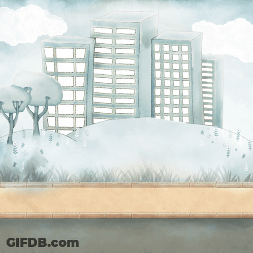 A Cartoon Drawing Of A City With A Sign That Says " For Work " GIF