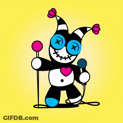 A Cartoon Drawing Of A Clown Holding A Microphone And A Lollipop GIF