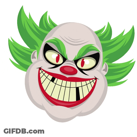 A Cartoon Drawing Of A Clown With Green Hair And A Big Smile GIF