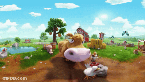 A Cartoon Drawing Of A Cow And Chicken On A Farm With A Red Barn In The Background GIF