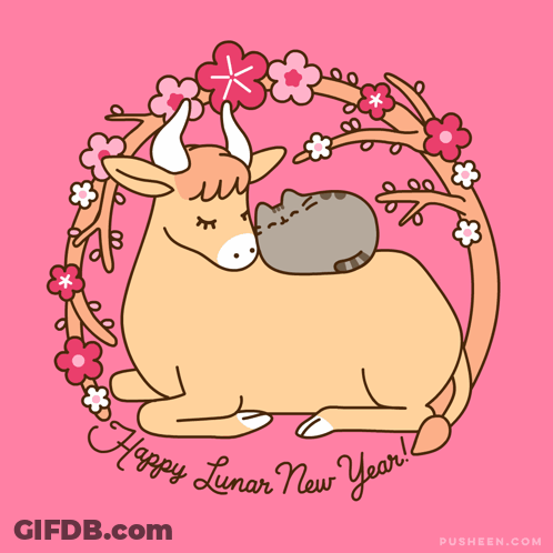 A Cartoon Drawing Of A Cow With A Cat On Its Back And The Words Happy Lunar New Year GIF
