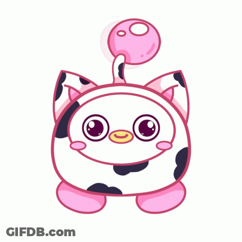 A Cartoon Drawing Of A Cow With A Pink Lollipop Sticking Out Of Its Head GIF