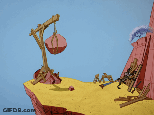 A Cartoon Drawing Of A Coyote And A Catapult With A Large Rock Hanging From It GIF