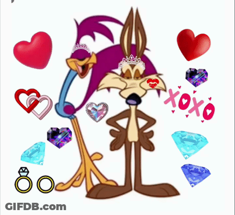 A Cartoon Drawing Of A Coyote And A Chicken With Hearts And Diamonds Around Them GIF