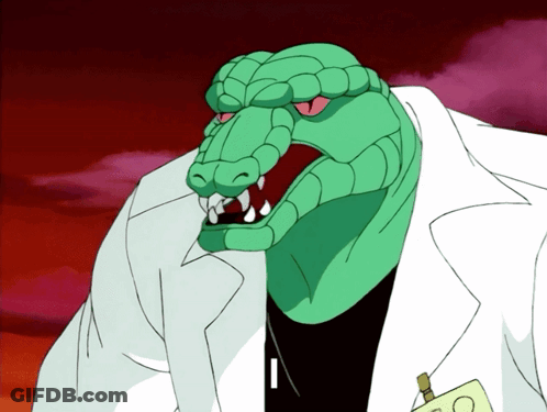 A Cartoon Drawing Of A Crocodile Wearing A Lab Coat And A Name Tag With The Number 20 On It GIF