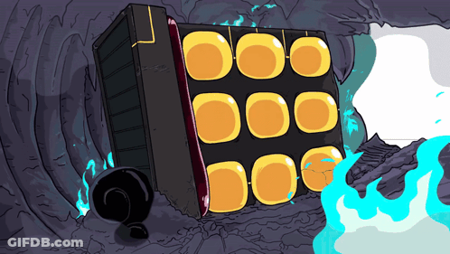A Cartoon Drawing Of A Cube With Circles On It In A Cave GIF
