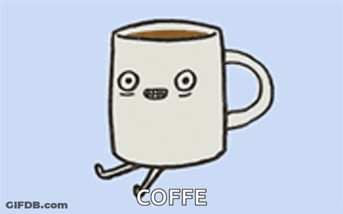 A Cartoon Drawing Of A Cup Of Coffee With A Face And Feet . GIF