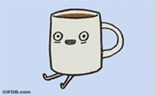 A Cartoon Drawing Of A Cup Of Coffee With A Face And Feet . GIF