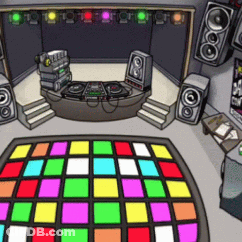 A Cartoon Drawing Of A Dance Floor With A Dj On The Stage GIF