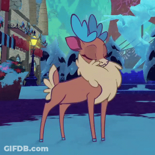 A Cartoon Drawing Of A Deer With Blue Antlers Standing On A Snowy Street . GIF