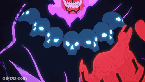 A Cartoon Drawing Of A Demon With A Necklace Of Skulls Around His Neck GIF