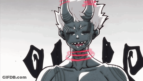 A Cartoon Drawing Of A Demon With Horns And A Red Circle Around His Neck GIF