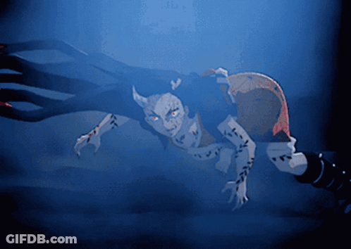 A Cartoon Drawing Of A Demon With Red Eyes And Horns GIF