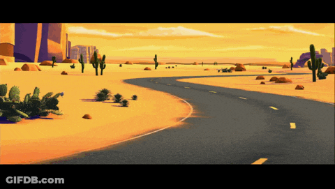 A Cartoon Drawing Of A Desert Road With Cactus And Rocks GIF