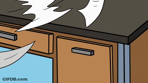 A Cartoon Drawing Of A Desk With A Piece Of Paper Flying Off Of It GIF