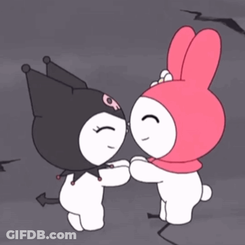 A Cartoon Drawing Of A Devil And A Bunny Holding Hands GIF