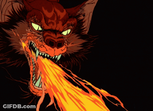 A Cartoon Drawing Of A Devil With Flames Coming Out Of Its Mouth GIF