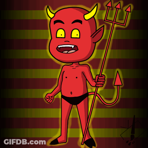 A Cartoon Drawing Of A Devil With Horns And A Trident GIF