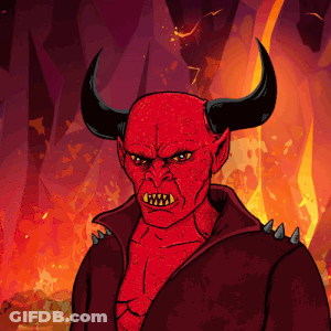 A Cartoon Drawing Of A Devil With Horns And Spikes On His Shoulder GIF