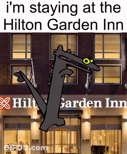 A Cartoon Drawing Of A Dinosaur In Front Of A Hilton Garden Inn GIF