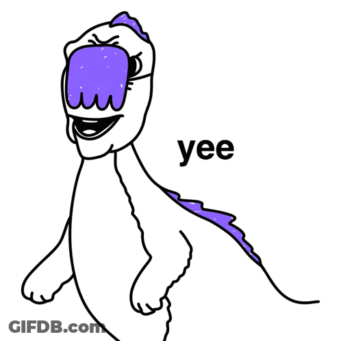 A Cartoon Drawing Of A Dinosaur With A Purple Eye Mask And The Word Yee Below It GIF