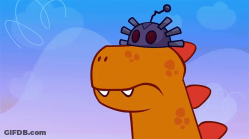 A Cartoon Drawing Of A Dinosaur With A Robot On Its Head GIF