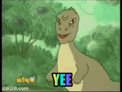 A Cartoon Drawing Of A Dinosaur With Yee Written On The Bottom GIF