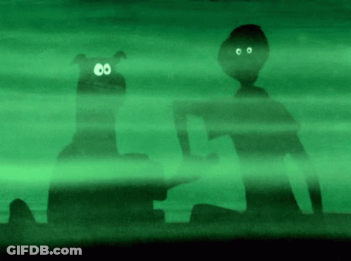 A Cartoon Drawing Of A Dog And A Person With Glowing Eyes GIF