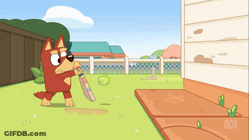 A Cartoon Drawing Of A Dog Holding A Cricket Bat And A Tennis Ball GIF